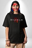 DIABLO oyun  Pamuklu Bisiklet Yaka Kadın Erkek Oversize Boyfriend Dijital Baskılı Siyah T-shirt