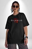 DIABLO oyun  Pamuklu Bisiklet Yaka Kadın Erkek Oversize Boyfriend Dijital Baskılı Siyah T-shirt
