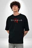 DIABLO oyun  Pamuklu Bisiklet Yaka Kadın Erkek Oversize Boyfriend Dijital Baskılı Siyah T-shirt