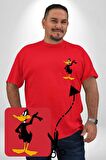 Daffy Duck Donald Duck Daisy Ördek Kırmızı Büyük Beden Kadın Basic Minimal Baskılı Tişört