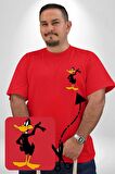 Daffy Duck Donald Duck Daisy Ördek Kırmızı Büyük Beden Kadın Basic Minimal Baskılı Tişört