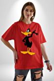 Daffy Duck Donald Duck Daisy Ördek Pamuklu Bisiklet Yaka Kadın Erkek Oversize Boyfriend Dijital Baskılı Kırmızı T-shirt
