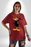 Daffy Duck Donald Duck Daisy Ördek Pamuklu Bisiklet Yaka Kadın Erkek Oversize Boyfriend Dijital Baskılı Kırmızı T-shirt