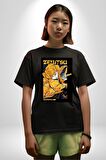 Zenitsu Agatsuma Anime Pamuklu Bisiklet Yaka Kadın Erkek Oversize Boyfriend Dijital Baskılı Siyah T-shirt
