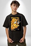 Zenitsu Agatsuma Anime Pamuklu Bisiklet Yaka Kadın Erkek Oversize Boyfriend Dijital Baskılı Siyah T-shirt
