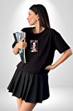 Nezuko Demon Slayer Siyah Oversize Kadın Erkek Ön Orta Minimal Baskılı Tişört