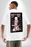 Nezuko Demon Slayer Beyaz Oversize Kadın Erkek Ön ve Sırt Baskılı Tişört