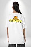 Garfield Beyaz Oversize Kadın Erkek Ön ve Sırt Baskılı Tişört
