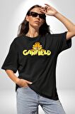 Garfield Pamuklu Bisiklet Yaka Kadın Erkek Oversize Boyfriend Dijital Baskılı Siyah T-shirt