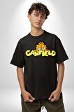 Garfield Pamuklu Bisiklet Yaka Kadın Erkek Oversize Boyfriend Dijital Baskılı Siyah T-shirt