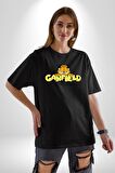 Garfield Pamuklu Bisiklet Yaka Kadın Erkek Oversize Boyfriend Dijital Baskılı Siyah T-shirt