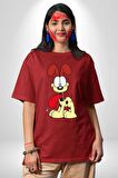 Odie Köpek Pamuklu Bisiklet Yaka Kadın Erkek Oversize Boyfriend Dijital Baskılı Kırmızı T-shirt