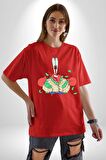 Mr Krabs Spongebob Zengin Pamuklu Bisiklet Yaka Kadın Erkek Oversize Boyfriend Dijital Baskılı Kırmızı T-shirt