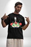 Mr Krabs Spongebob Zengin Pamuklu Bisiklet Yaka Kadın Erkek Oversize Boyfriend Dijital Baskılı Siyah T-shirt
