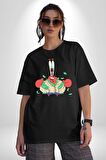 Mr Krabs Spongebob Zengin Pamuklu Bisiklet Yaka Kadın Erkek Oversize Boyfriend Dijital Baskılı Siyah T-shirt