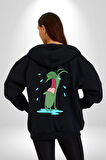 Plankton SpongeBob Kadın Erkek Siyah Kapüşonlu Fermuarlı Baskılı Hırka Sweatshirt