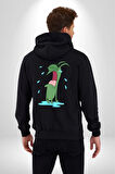 Plankton SpongeBob Kadın Erkek Siyah Kapüşonlu Fermuarlı Baskılı Hırka Sweatshirt