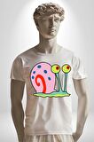 Sunger Bob Gary Salyangoz Kadın Erkek Unisex Beyaz Organik Baskılı T-Shirt Penye Yüksek Kalite
