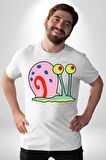 Sunger Bob Gary Salyangoz Kadın Erkek Unisex Beyaz Organik Baskılı T-Shirt Penye Yüksek Kalite