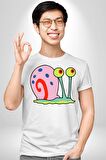Sunger Bob Gary Salyangoz Kadın Erkek Unisex Beyaz Organik Baskılı T-Shirt Penye Yüksek Kalite