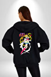 Sailor Moon Anime Usagi Tsukino Kadın Erkek Siyah Kapüşonlu Fermuarlı Baskılı Hırka Sweatshirt