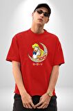 Sailor Moon Ay Savaşcısı Anime Pamuklu Bisiklet Yaka Kadın Erkek Oversize Boyfriend Dijital Baskılı Kırmızı T-shirt