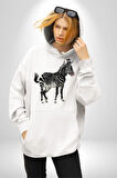 Zürafa Kadın Erkek  Beyaz Kapüşonlu Sweatshirt Hoodie