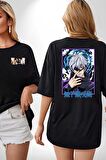 Jujutsu Vintage Washed - Megumi Gojo Anime Manga Siyah Oversize Kadın Erkek Ön ve Sırt Baskılı Tişört