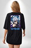 Jujutsu Vintage Washed - Megumi Gojo Anime Manga Siyah Oversize Kadın Erkek Ön ve Sırt Baskılı Tişört