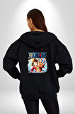 OP Manga Anime Monkey D.Luffy Kadın Erkek Siyah Kapüşonlu Fermuarlı Baskılı Hırka Sweatshirt