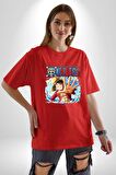 OP Manga Anime Monkey D.Luffy Pamuklu Bisiklet Yaka Kadın Erkek Oversize Boyfriend Dijital Baskılı Kırmızı T-shirt