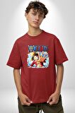 OP Manga Anime Monkey D.Luffy Pamuklu Bisiklet Yaka Kadın Erkek Oversize Boyfriend Dijital Baskılı Kırmızı T-shirt