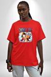 OP Manga Anime Monkey D.Luffy Pamuklu Bisiklet Yaka Kadın Erkek Oversize Boyfriend Dijital Baskılı Kırmızı T-shirt