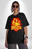 Gryffindor Pamuklu Bisiklet Yaka Kadın Erkek Oversize Boyfriend Dijital Baskılı Siyah T-shirt