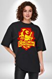 Gryffindor Pamuklu Bisiklet Yaka Kadın Erkek Oversize Boyfriend Dijital Baskılı Siyah T-shirt