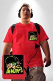 Dark Zoro Anime Kırmızı Büyük Beden Kadın Basic Minimal Baskılı Tişört