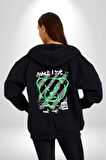Savaşma Teddy Bear Kadın Erkek Siyah Kapüşonlu Fermuarlı Baskılı Hırka Sweatshirt