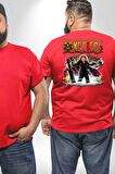 One Piece Luffy İle Suit Anime Büyük Beden Kırmızı Tişört Kadın Erkek Ünisex Sırt Baskılı