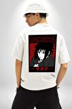 Sasuke Uchiha Sembolü Anime Beyaz Oversize Kadın Erkek Ön ve Sırt Baskılı Tişört