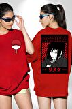 Sasuke Uchiha Sembolü Anime Kırmızı Oversize Kadın Erkek Ön ve Sırt Baskılı Tişört