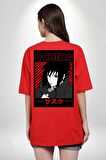 Sasuke Uchiha Sembolü Anime Kırmızı Oversize Kadın Erkek Ön ve Sırt Baskılı Tişört