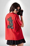 Mickey Yeni Nesil Tasarım Kırmızı Oversize Kadın Erkek Ön ve Sırt Baskılı Tişört