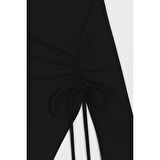 Kadın Siyah Uzun İspanyol Kollu Asimetirik Yaka Yandan Bağlamalı Drapeli Bluz