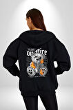 Ateşli Teddy Kadın Erkek Siyah Kapüşonlu Fermuarlı Baskılı Hırka Sweatshirt