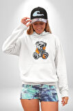 Ateşli Teddy Kadın Erkek  Beyaz Kapüşonlu Sweatshirt Hoodie