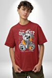 Ateşli Teddy Pamuklu Bisiklet Yaka Kadın Erkek Oversize Boyfriend Dijital Baskılı Kırmızı T-shirt