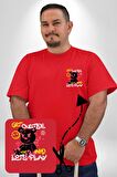 Dışarı Çık Ve Oynayalım Teddy Kırmızı Büyük Beden Kadın Basic Minimal Baskılı Tişört