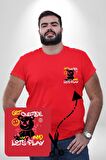 Dışarı Çık Ve Oynayalım Teddy Kırmızı Büyük Beden Kadın Basic Minimal Baskılı Tişört