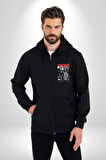 Uyarı Dikkatli Yaklaş Kadın Erkek Siyah Kapüşonlu Fermuarlı Baskılı Hırka Sweatshirt