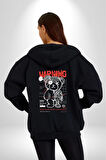 Uyarı Dikkatli Yaklaş Kadın Erkek Siyah Kapüşonlu Fermuarlı Baskılı Hırka Sweatshirt